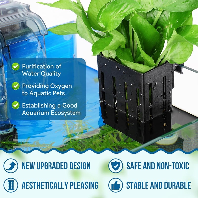 Borlech Upgraded Large Aquarium Plant Holder with Hooks and Suction Cups for Fish Tank Aquaponic Plant Cultivation and Aquascape Decorations (Black) - Image 2